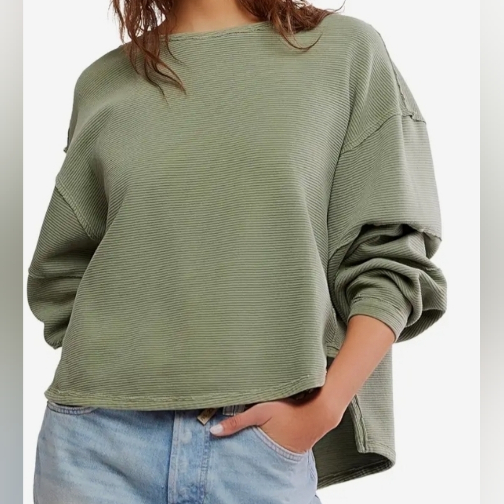 Free People Olive Green Ribbed Long Sleeve Top